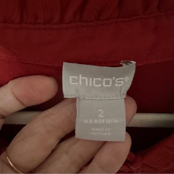 Chicos Size 2 Large Sandwashed Satin Ruffle Blouse Orange Red Lace Up Blouse Top - Picture 3 of 13